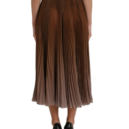 Dolce & Gabbana Brown Polyester Pleated High Waist Midi Skirt