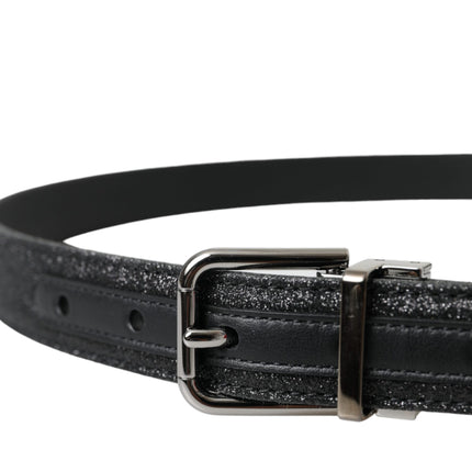 Dolce & Gabbana Black Glittered Leather Silver Buckle Belt