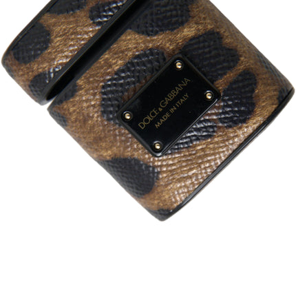 Dolce & Gabbana Brown Leopard Calf Leather Metal Logo Plaque Airpods Case