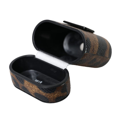 Dolce & Gabbana Brown Leopard Calf Leather Metal Logo Plaque Airpods Case
