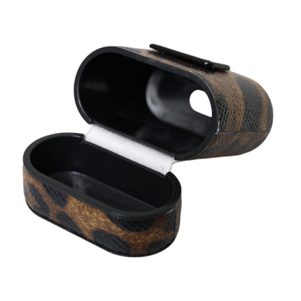 Dolce & Gabbana Brown Leopard Calf Leather Metal Logo Plaque Airpods Case