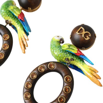 Dolce & Gabbana Multicolor Parrot Wood Brass Crystal Embellished Earrings