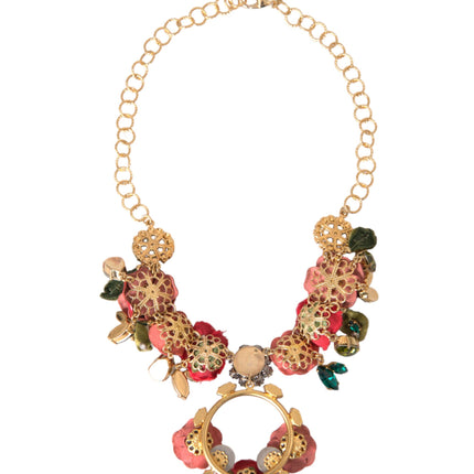 Dolce & Gabbana Gold Brass Link Chain RosePetal Crystal Pendant Necklace