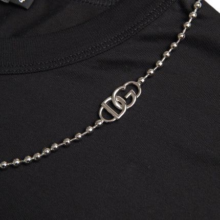 Dolce & Gabbana Black Cotton Silver Chain Short Sleeve T-shirt