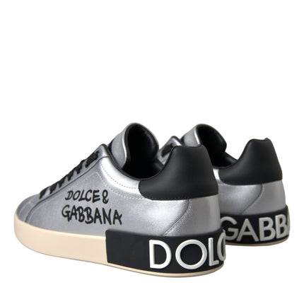 Dolce & Gabbana Silver Portofino Calf Leather Sneakers Men Shoes