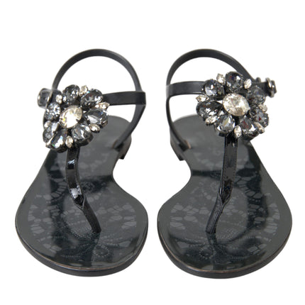 Dolce & Gabbana Black Crystal Flats Sandals Flip Flops Shoes