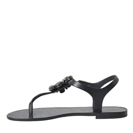 Dolce & Gabbana Black Crystal Flats Sandals Flip Flops Shoes