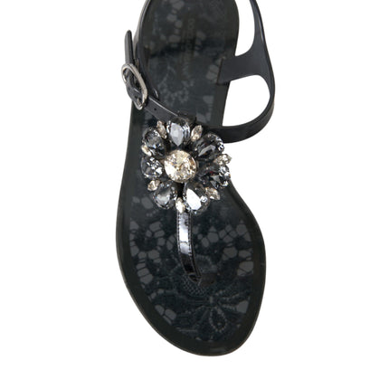 Dolce & Gabbana Black Crystal Flats Sandals Flip Flops Shoes