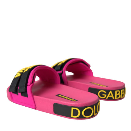 Dolce & Gabbana Pink Black Logo Beachwear Flats Sandals Shoes