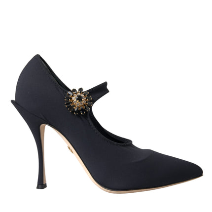 Dolce & Gabbana Black Mary Jane Jersey Crystal Pumps Shoes