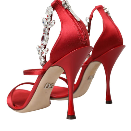 Dolce & Gabbana Red Keira Satin Crystals Sandals Heels Shoes
