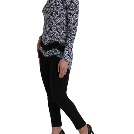 Just Cavalli Blue Floral Lace Long Sleeves Top Underwear Blouse
