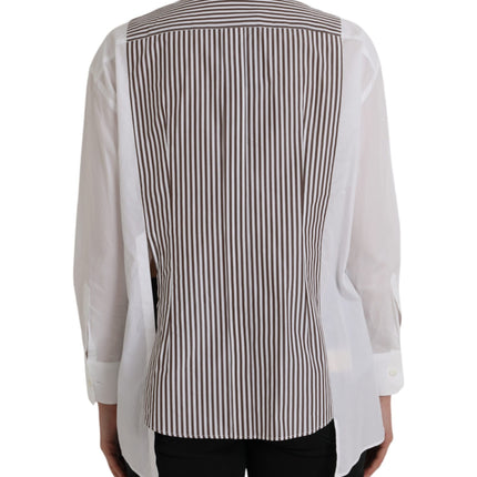 Dolce & Gabbana White Stripes Cotton Long Sleeves Ruffle Collar Top