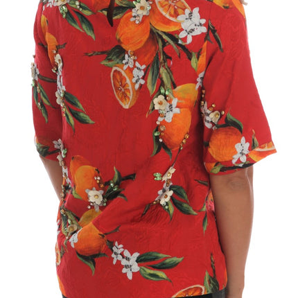 Dolce & Gabbana Orange Print Crystal-Embellished Blouse