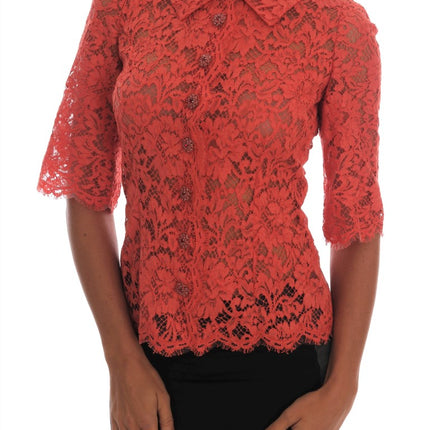 Dolce & Gabbana Orange Crystal Buttons Floral Lace Blouse