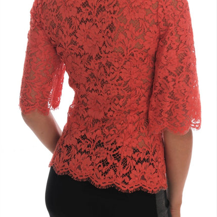 Dolce & Gabbana Orange Crystal Buttons Floral Lace Blouse