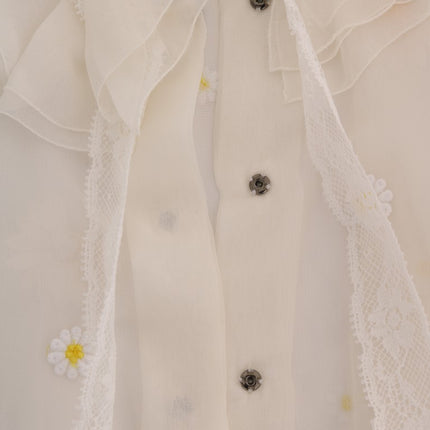 Dolce & Gabbana White Daisy Applique Silk Shirt