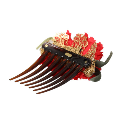 Dolce & Gabbana Red Silk Floral Gold Brass Women Hair Comb