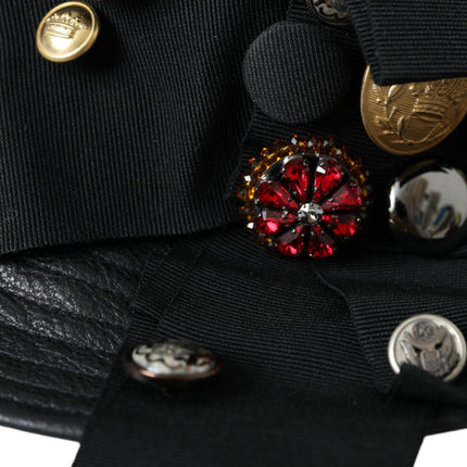 Dolce & Gabbana Black Leather DG Coin Crystal Wide Brim Hat