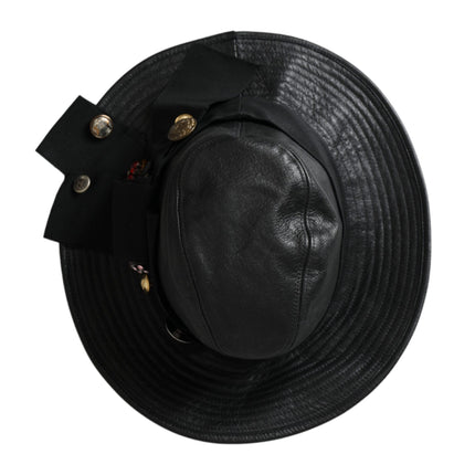 Dolce & Gabbana Black Leather DG Coin Crystal Wide Brim Hat