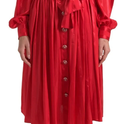 Dolce & Gabbana Red Button Down Belted Midi Satin Silk Dress