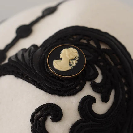 Dolce & Gabbana White Black Wool Embroidered Cameo Brooch Hat