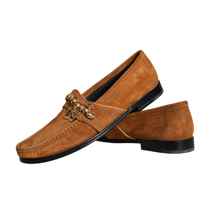 Dolce & Gabbana Brown Velvet Leather Logo Mocassin Slip On Shoes