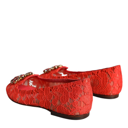 Dolce & Gabbana Coral Lace Crystal Ballet Flats Loafers Shoes
