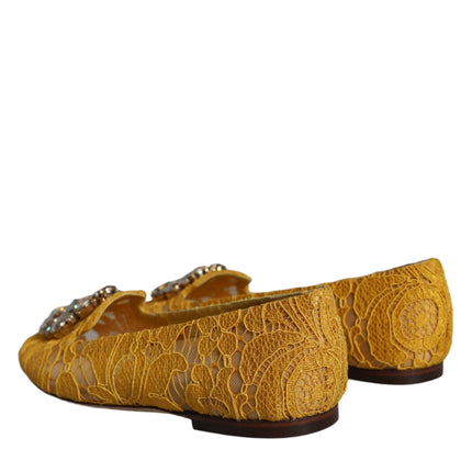 Dolce & Gabbana Mustard Lace Crystal Ballet Flats Loafer Shoes