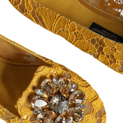 Dolce & Gabbana Mustard Lace Crystal Ballet Flats Loafer Shoes
