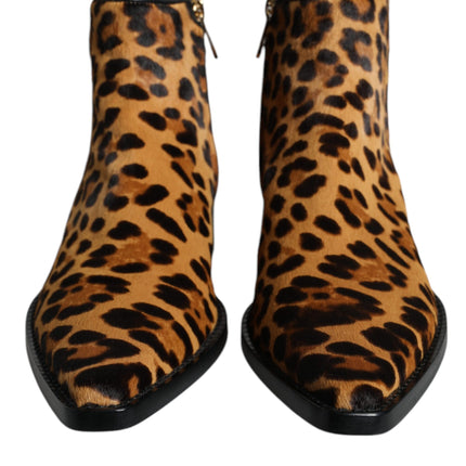 Dolce & Gabbana Brown Leopard Calf Fur Ankle Boots Shoes