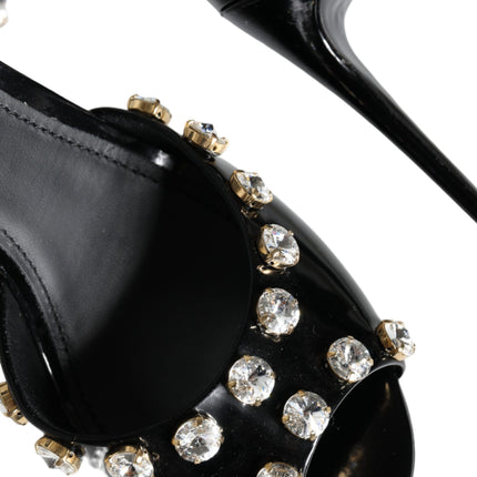 Dolce & Gabbana Black Leather Crystal Ankle Strap Sandals Shoes