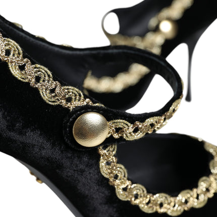 Dolce & Gabbana Black Mary Janes Velvet Gold Pumps Shoes