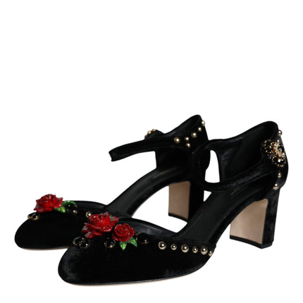 Dolce & Gabbana Black Velvet Roses Ankle Strap Pumps Shoes