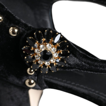 Dolce & Gabbana Black Velvet Roses Ankle Strap Pumps Shoes