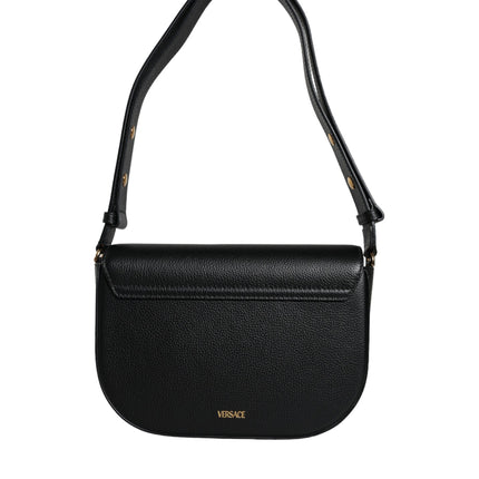 Versace Black Grainy Calf Leather Logo Crossbody Shoulder Bag