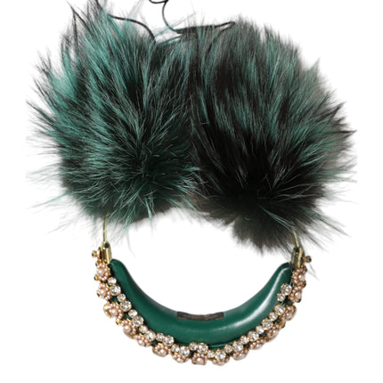 Dolce & Gabbana Green Gold Crystal Fur Headset Audio AUX Headphones