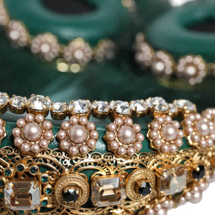 Dolce & Gabbana Green Gold Crystal Fur Headset Audio AUX Headphones