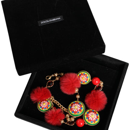 Dolce & Gabbana Gold Brass Red Fur Crystal Waist Torero Belt