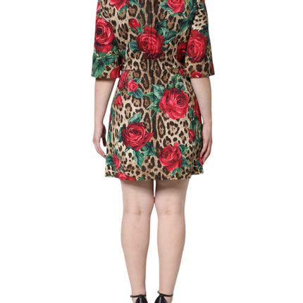 Dolce & Gabbana Brown Leopard Red Roses Cotton A-line Dress