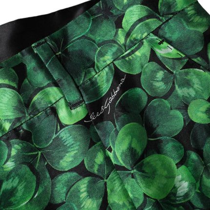 Dolce & Gabbana Green Clover Silk Satin High Waist Tapered Pants