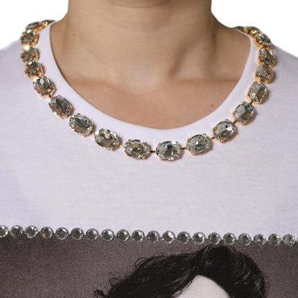 Dolce & Gabbana White Crystal Neckline Embellished Printed T-shirt