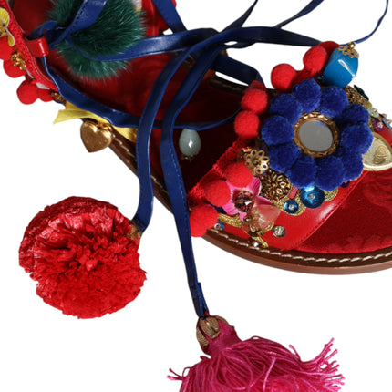 Dolce & Gabbana Multicolor Pom Pom Fur Wrap Sandals Shoes