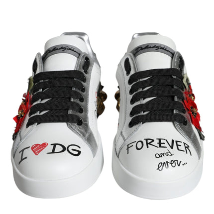 Dolce & Gabbana White Leather Floral Studded Sneakers Shoes