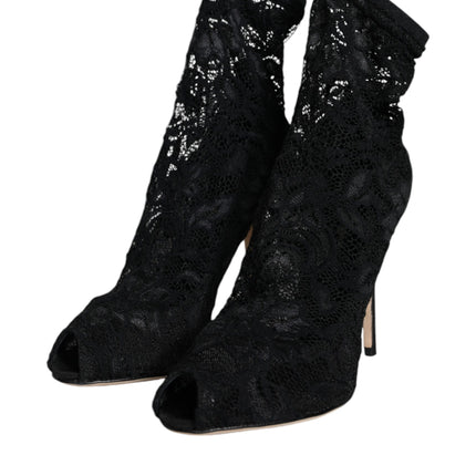 Dolce & Gabbana Black Lace Stretch Heels Mid Calf Boot Shoes