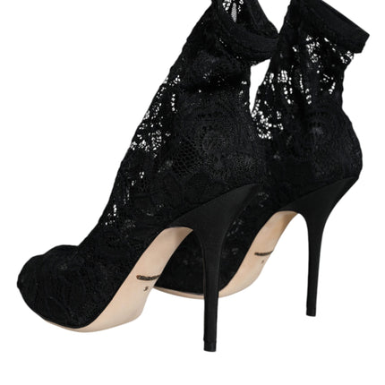 Dolce & Gabbana Black Lace Stretch Heels Mid Calf Boot Shoes