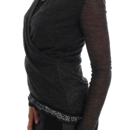 Ermanno Scervino Gray Wool Lace Top Long Sleeved T-shirt