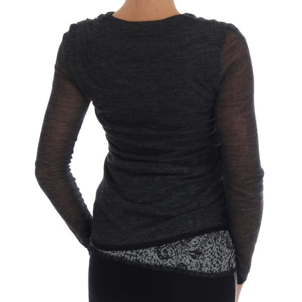 Ermanno Scervino Gray Wool Lace Top Long Sleeved T-shirt