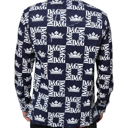 Dolce & Gabbana Blue Crown Logo Print Slim Fit Cotton Shirt
