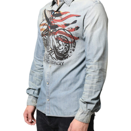 John Galliano Light Blue Printed Cotton Denim Long Sleeves Shirt